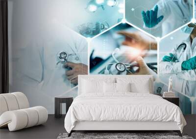 Healthcare and medical doctor working with professional team in physician, nursing assistant, laboratory research and development. Medical technology service to solve people health, Medical business. Wall mural