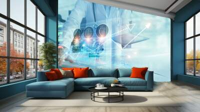 Healthcare business graph data and growth, Medical examination and doctor analyzing medical report on network connection on virtual screen. Healthcare investment and financial. Wall mural