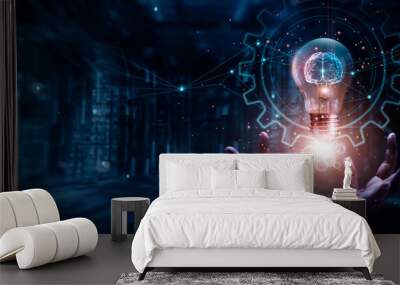 Innovation, new idea, creative and inspiration concept. Hands of businessman holding light bulb and brain with data network digital technology. development, industrial and science. Wall mural