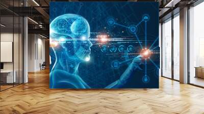 Machine learning. Hand touch a robot on network and binary data. Futuristic Artificial intelligence (AI). Deep Learning. Brain Algorithm. Business internet technology. Big data visualizatio Wall mural