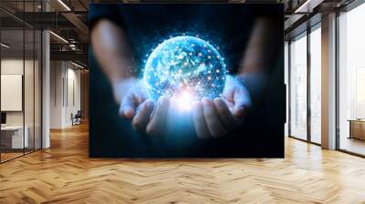 Man hands holding blue earth and global networking connection and data exchanges, global communication network concept Wall mural