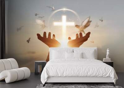 Man hands palm up praying and worship of cross, eucharist therapy bless god helping, hope and faith, christian religion concept on sunset background. Wall mural