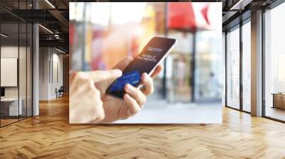 Man using mobile payments online shopping network connection on screen, Mall department store background. All on screen and credit card are design up. Wall mural