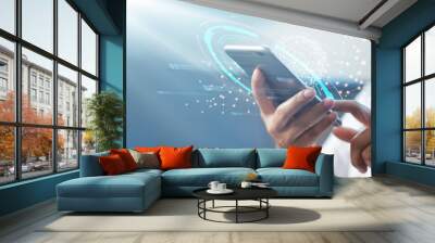 Man using mobile smart phone with global network connection, Technology, innovative and communication concept. Wall mural