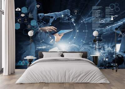 manager technical industrial engineer working and control robotics with monitoring system software a Wall mural