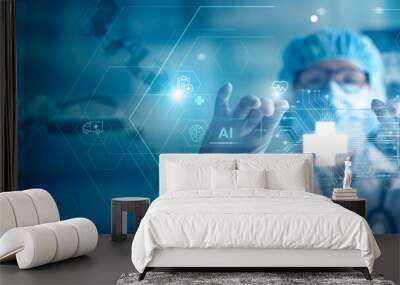 Medical technology, doctor use AI robots for diagnosis, care, and increasing accuracy patient treatment in future. Medical research and development innovation technology to improve patient health. Wall mural