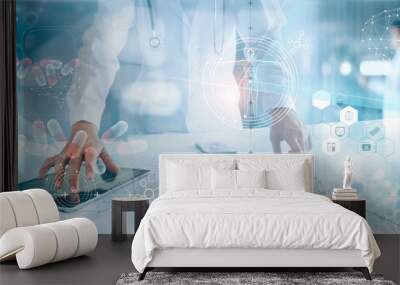 Medicine doctor analysis electronic medical record on interface display. DNA. Digital healthcare and network connection, innovative, medical technology and network concept. Wall mural