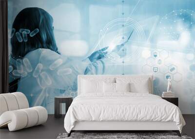 Medicine doctor analysis electronic medical record on interface display. DNA. Digital healthcare and network connection on hologram modern virtual screen. Wall mural