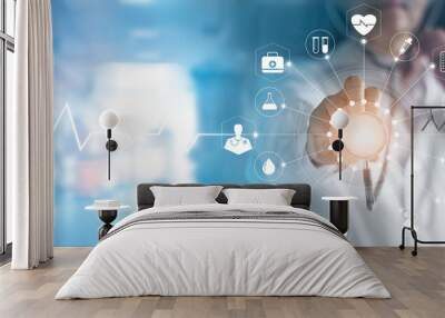 Medicine doctor and stethoscope in hand touching icon medical network connection   with modern virtual screen interface, medical technology network concept Wall mural