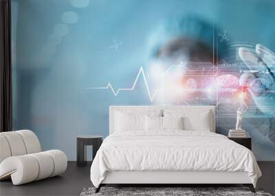 Medicine doctor holding pills of medical, Digital healthcare and analysis testing on hologram modern virtual screen interface, Science and Medical technology . Wall mural