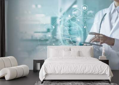 Medicine doctor touching electronic medical record on tablet. DNA. Digital healthcare and network connection on hologram modern virtual screen interface, medical technology and futuristic concept. Wall mural