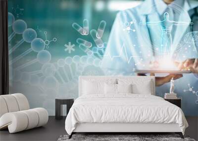 Medicine doctor touching electronic medical record on tablet. DNA. Digital healthcare and network connection on hologram modern virtual screen interface, medical technology and network concept. Wall mural