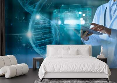 Medicine doctor touching electronic medical record on tablet. DNA. Digital healthcare and network connection on hologram modern virtual screen interface, medical technology and network concept. Wall mural