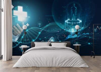 Medicine doctor touching electronic medical record with intelligence software AI. DNA. Digital healthcare and network connection on hologram modern virtual screen interface, medical technology. Wall mural