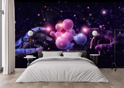 Science, AI, Machine learning, Hands of robot and human touching on big data network connection, Artificial intelligence technology, innovation for futuristic. Purple tone. Wall mural