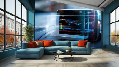 Stock market data display on virtual screen in the car on city background. Abstract finance design. Financial investment concept. Wall mural