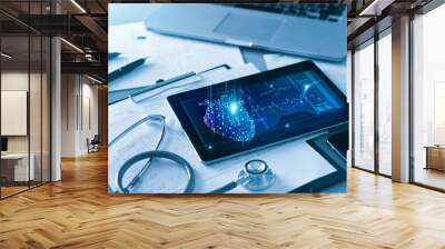 Technology and healthcare, Doctor's cardiologist tablet and heart disease health care analysis data on screen and stethoscope with report heartbeat on table. Wall mural