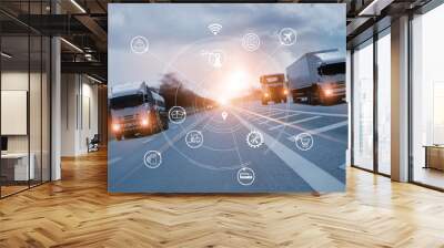 Transportation and Logistics, Truck on motorway and industrial container cargo with icon of network distribution on blue background. Wall mural