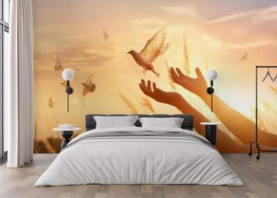 Woman praying and free the birds to*) nature on sunset background, hope concept Wall mural