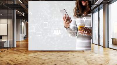 Woman using mobile payments for online shopping and icon customer network connection. Digital marketing, m-banking and omni channel. Wall mural