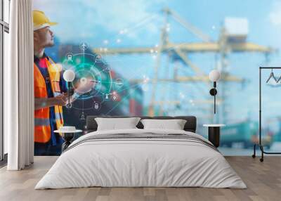 Worker using tablet on logistic network distribution and smart transportation on networking of container cargo ship, Industry, Import export, Online goods orders on global networking. Wall mural