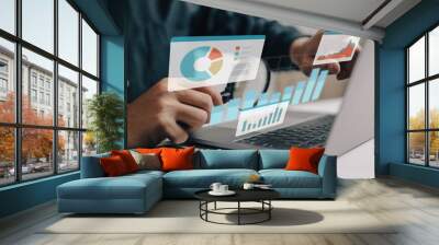 Businesspeople working on a monitor graph dashboard while performing statistical and data analysis for corporate finance and investment ideas. Wall mural