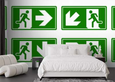 Emergency exit sign set. Man running out fire exit. Running man and exit door sign. Escape help evacuation. Safety vector symbol. Wall mural