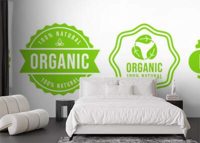 Set 100% Natural and organic Product Vector Icon Circle Sign. Healthy Food Emblem. Organic food Badge. Wall mural