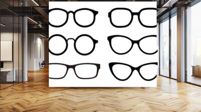 Set black spectacles. Eyeglasses and sunglasses collection vector illustration. Vintage, classic and modern style glasses rim silhouette. Stylish male and female optical accessories isolated. Wall mural