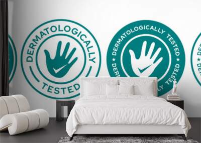 Set dermatologically tested vector label with water drop, leaf and hand logo. Dermatology test and dermatologist clinically proven icon for allergy free and healthy safe product package tag. Wall mural