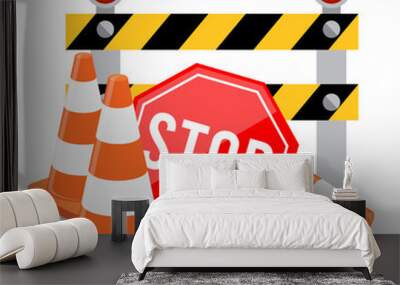 Traffic cones and red stop sign. Road safety and prevention of accidents during road construction. Wall mural