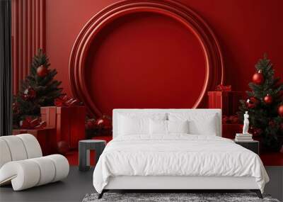 3D rendered podium with Christmas decorations and gift boxes on the floor, red background with circular Wall mural