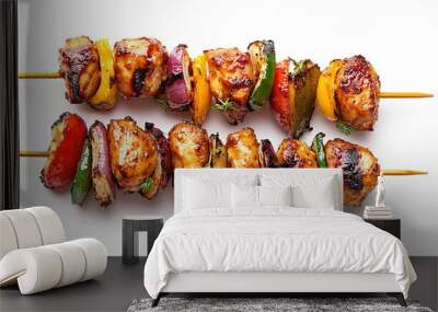 Bar b q tikka with vegetable on wooden sticks isolated on white background, Grilled chicken Wall mural