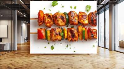 Bar b q tikka with vegetable on wooden sticks isolated on white background, Grilled chicken Wall mural