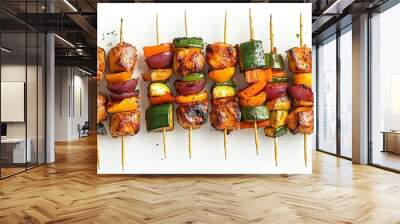 Bar b q tikka with vegetable on wooden sticks isolated on white background, Grilled chicken Wall mural