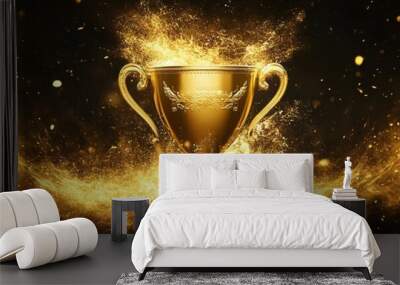 Cup Champion golden prize with splash on dark Wide background Wall mural