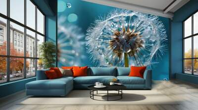 Droplets of water in Dandelion Seeds on blue beautiful background, Drops of sparkle on dandelion in rays of light Wall mural