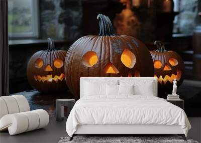 Halloween pumpkins with carved faces on their surfaces, illuminated by candlelight against the dark background of an old room..pumpkin with two smaller ones beside it.creating an atmosphere of spooky  Wall mural