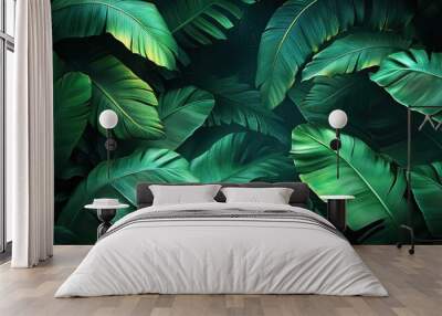 Tropical flowers exotic dark moody green banana leaves and palm leaves seamless pattern, hand-drawn style fabric vintage 3D illustration, glamorous night dark background design luxury wallpaper  Wall mural