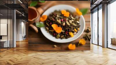 A different types of loose leaf tea in a white plate on a wooden plate Wall mural