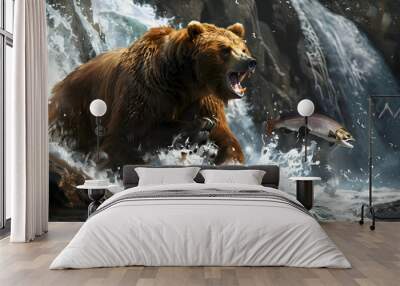 A majestic grizzly bear catching salmon in a rushing river Wall mural