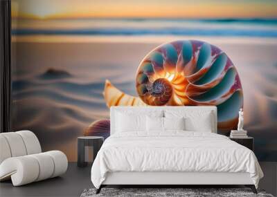 A nautilus seashell on a sandy beach during sunset. Wall mural