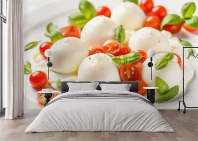 A plate with a ball of burrata cheese on a white background Wall mural