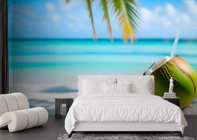 A tropical beach with a coconut on the sand and palm trees in the background Wall mural