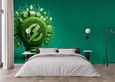 Green energy light bulb, renewable energy concept with isolated green background Wall mural