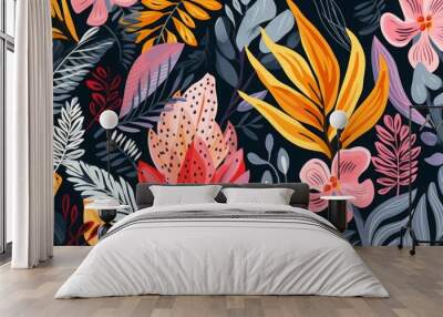 Modern exotic floral jungle pattern. Collage contemporary seamless pattern. Hand drawn cartoon style pattern. Wall mural