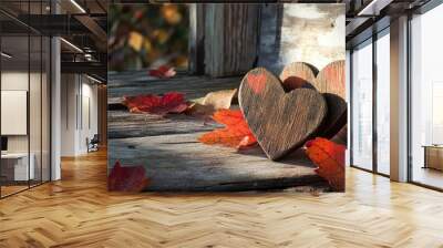 Romantic Scene with Wooden Hearts and Warm Sunlight

 Wall mural