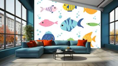 Cute cartoon set with fishes in bright colors with design elements. Vector EPS10. Wall mural