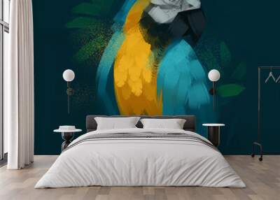 Macaw Parrot sitting on the branch. Hand drawn illustration. Wall mural