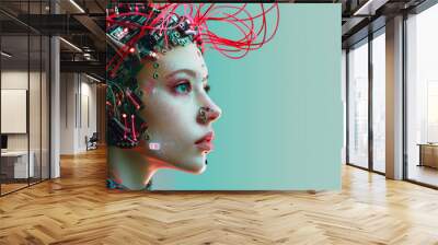 AI, Machine learning, beautiful woman robot with digital technology on brain concept machine deep learning, science artificial intelligence technology network exchange futuristic innovation. Wall mural